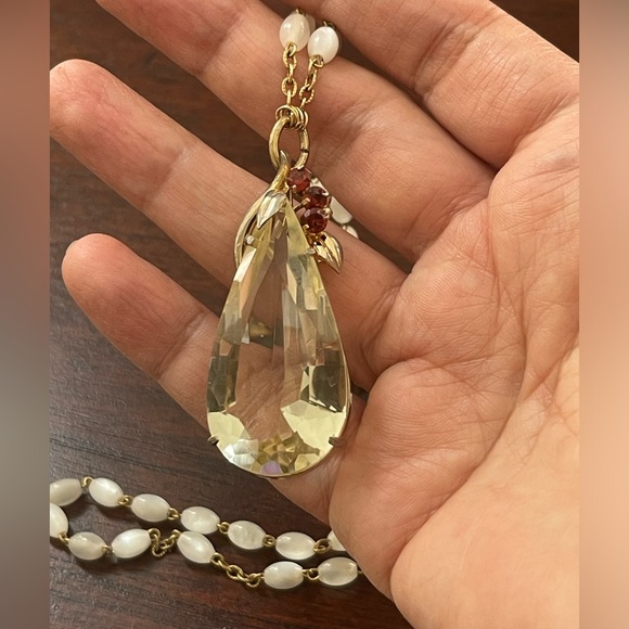 Huge lemon crystal genuine garnet gold tone pendant white opalescent chain - Picture 9 of 11
